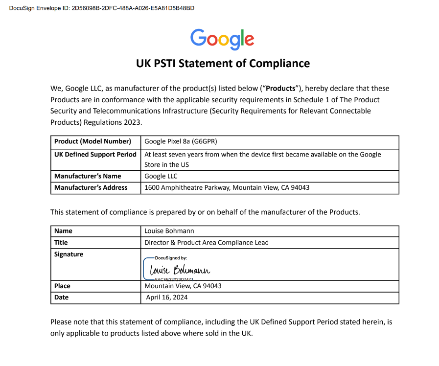 UK PSTI statement of compliance