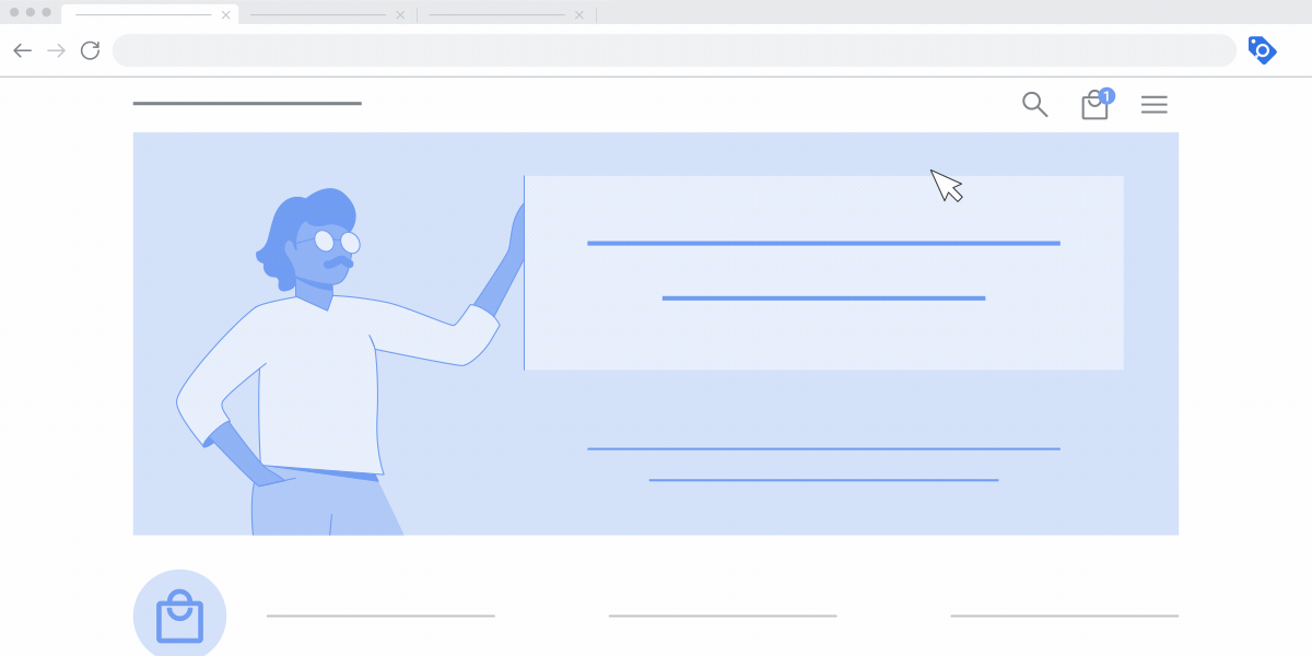 An animated UI representation of the process of connecting the Google Tag Assistant extension to a domain.