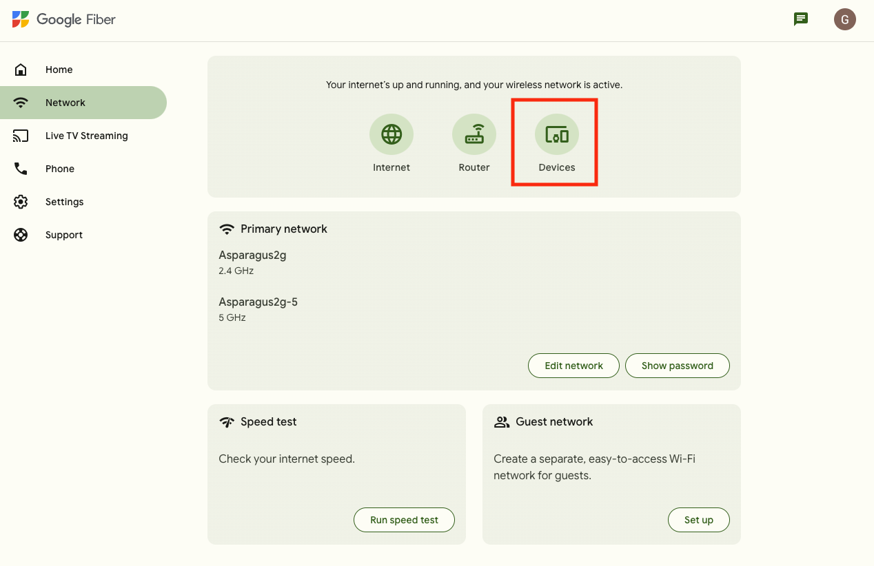 The Network page of the GFiber customer portal. The "Devices" logo is circled in red.