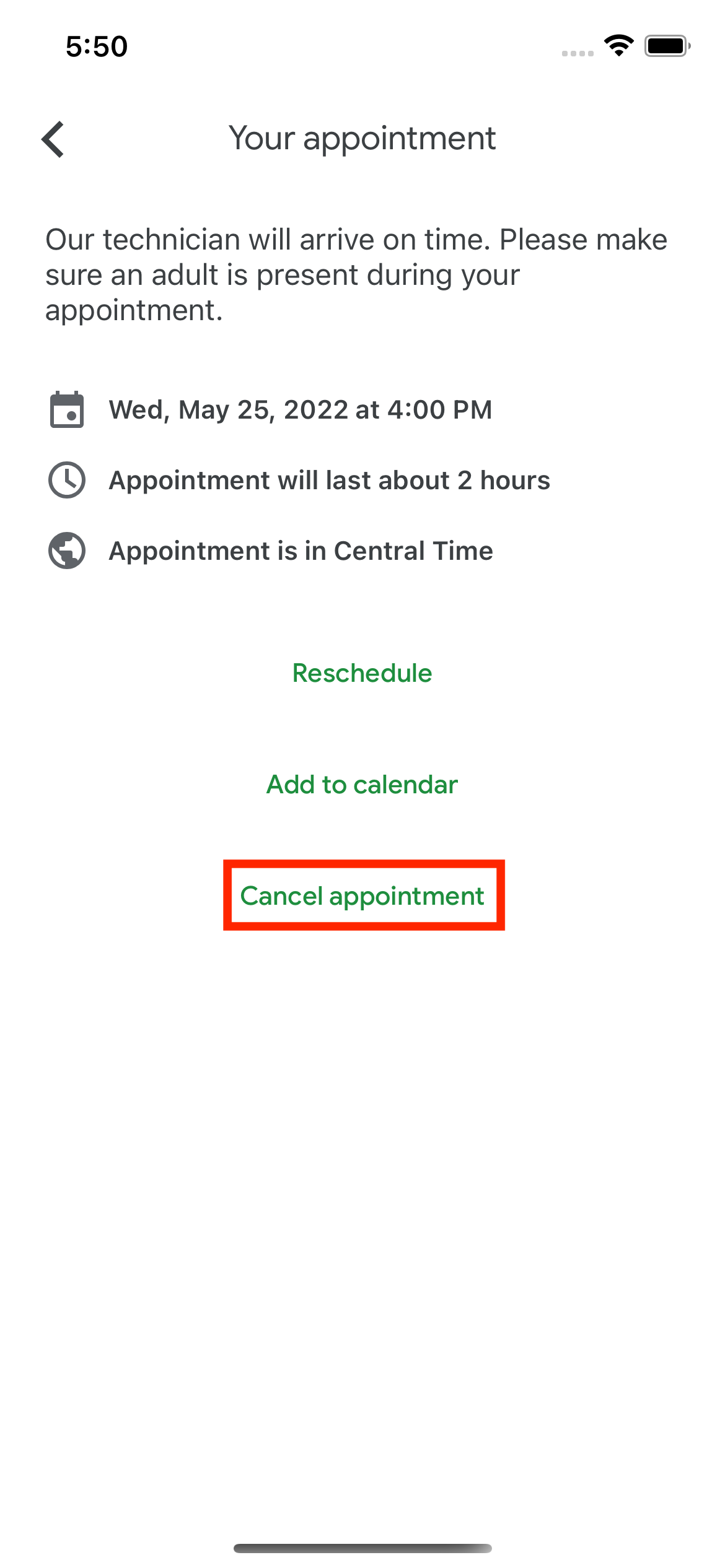 Scheduled appointment in the Fiber App