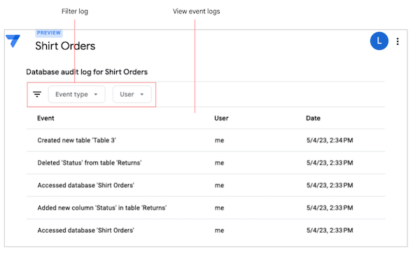 Database audit log page