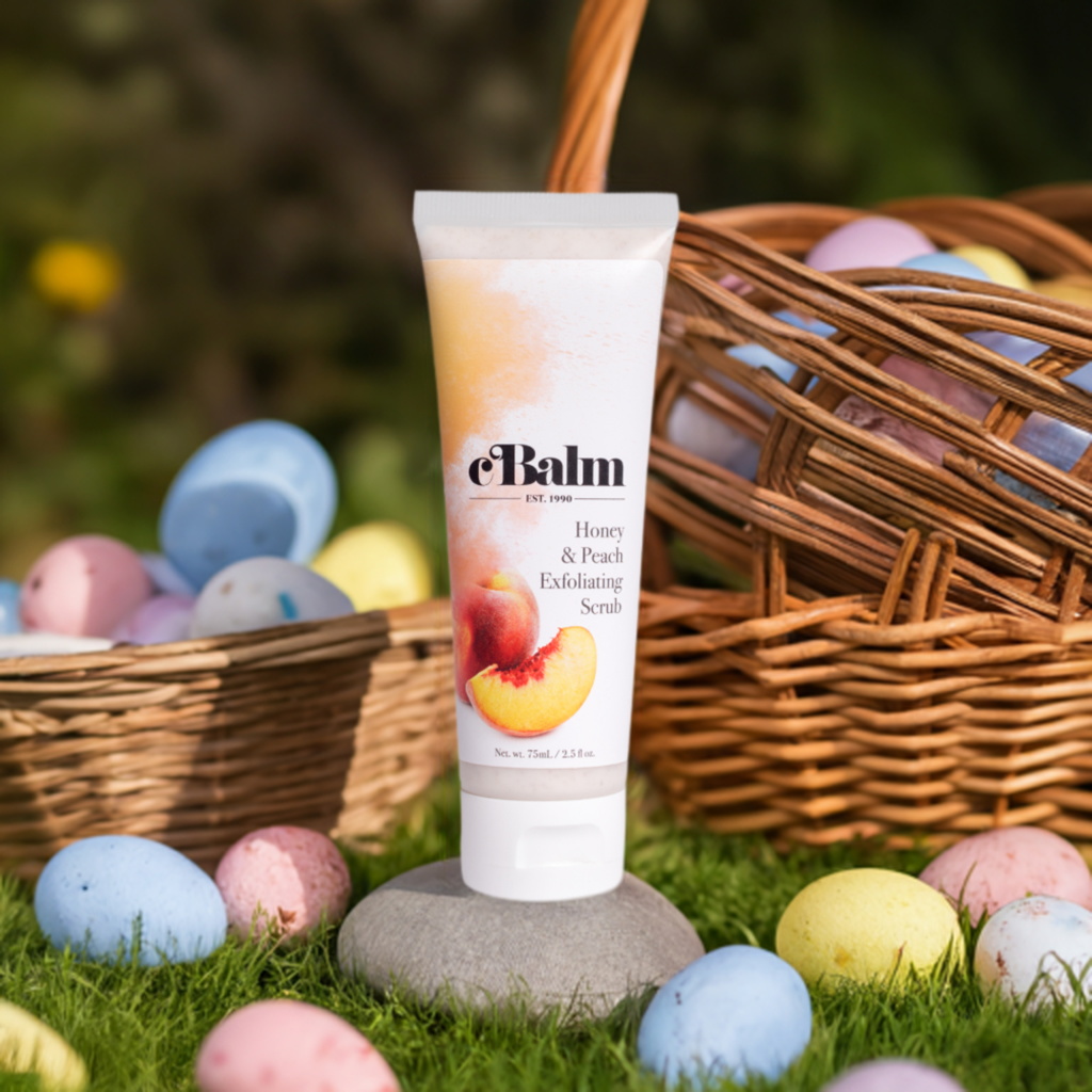 a tube of a skincare product surrounded by easter eggs and baskets