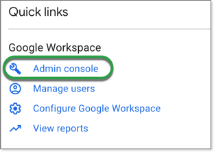 The Admin console link is highlighted within the Quick links list.