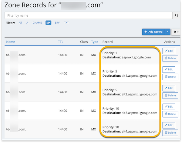 Todos os registros MX foram adicionados ao cPanel