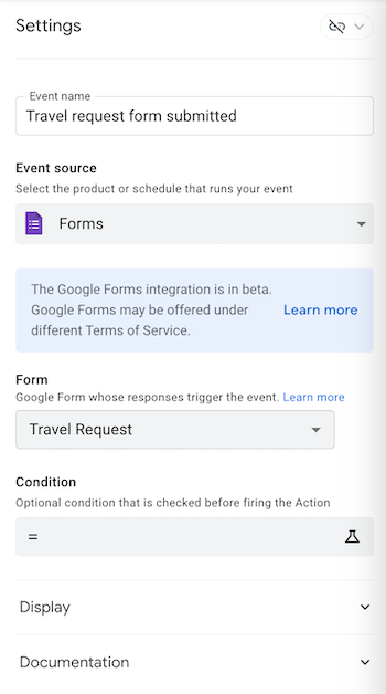 Event configuration settings