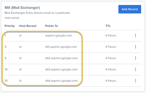 All fields of the MX record have been completed and the add record button is selected.