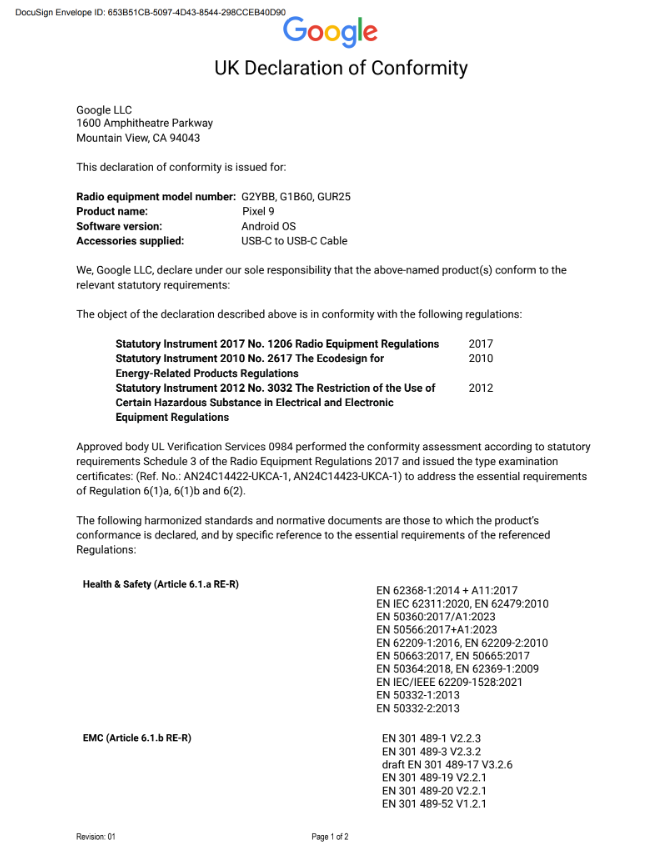 UK Declaration of Conformity page 1