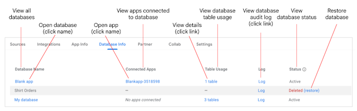 Database Info tab