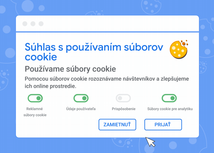 Animácia znázorňujúca banner na získanie súhlasu s používaním súborov cookie a čo sa stane, keď súbory cookie prijmete alebo odmietnete