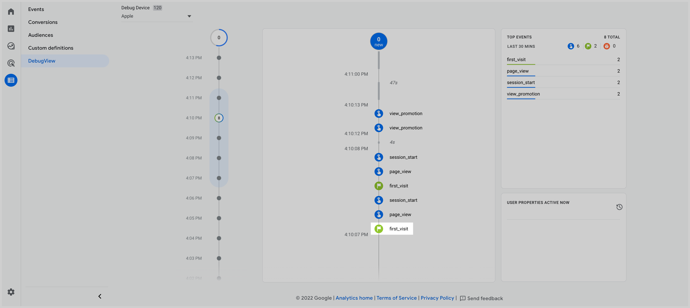 A screenshot of the DebugView report with a conversion event highlighted