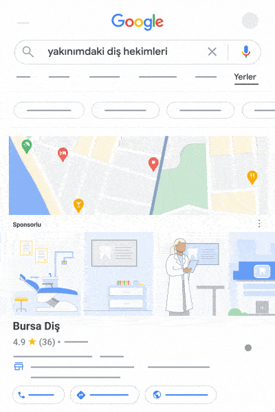 Bu animasyon, organik birimlerle birlikte gösterilen bir yerel arama ağı reklamına örnektir.