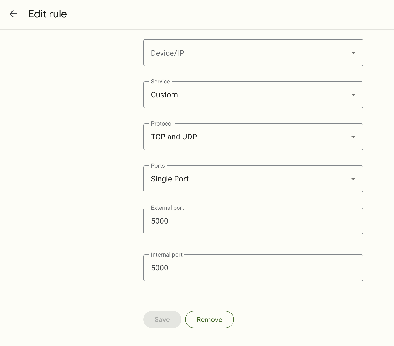 The screen for editing a port forwarding rule within the GFiber portal