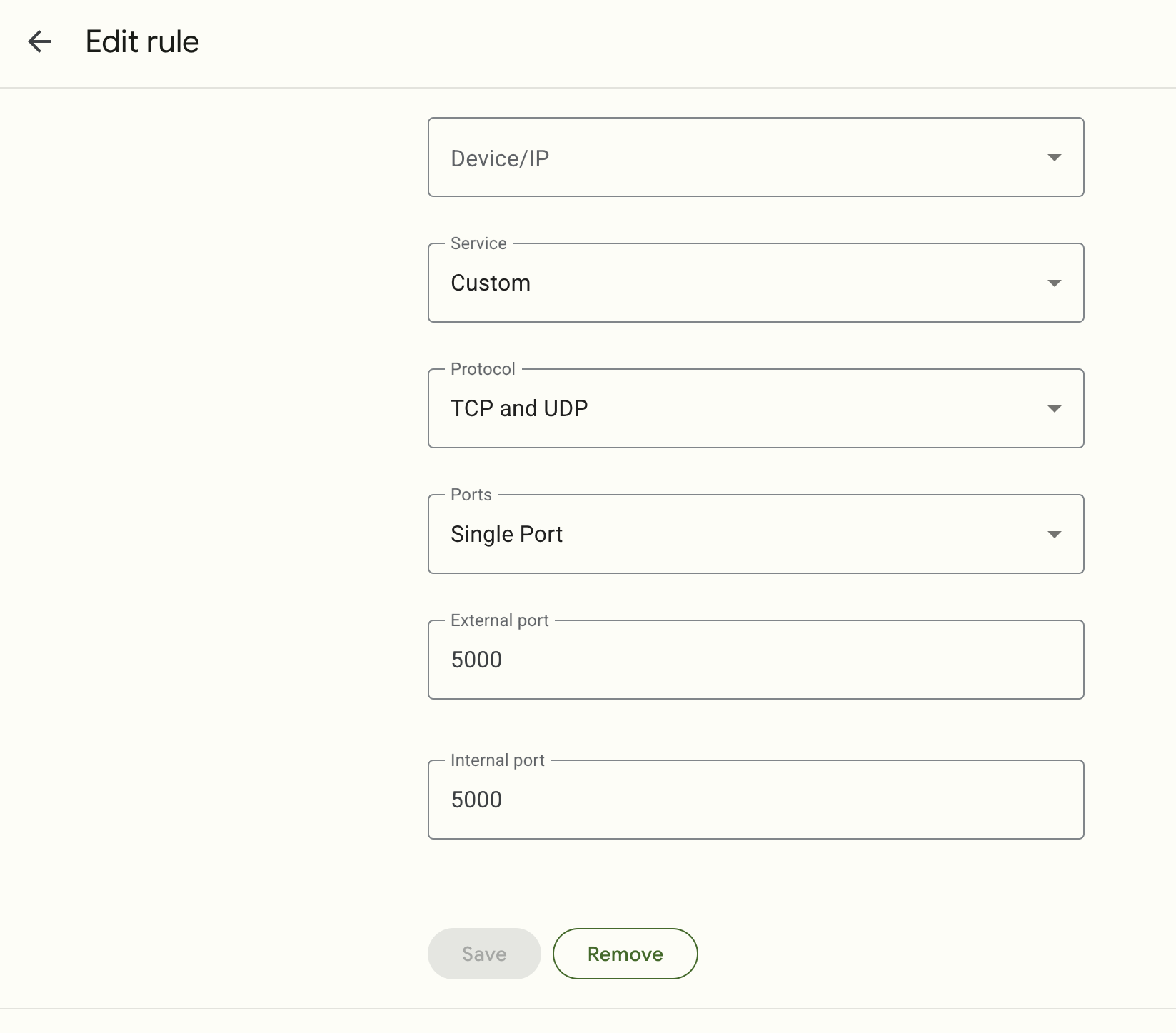 The screen for editing a port forwarding rule within the GFiber portal 