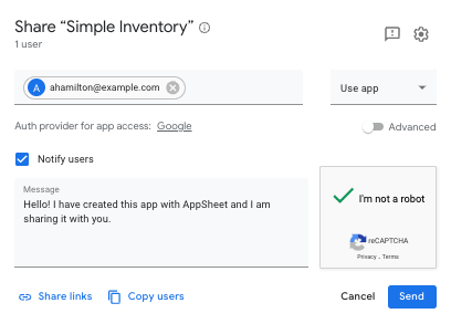Share app dialog with individual user specified to use app, Notify users is enabled, and I'm not a robot is checked.