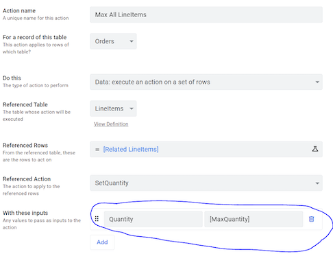 Action references another action and binds its inputs to dynamic values.