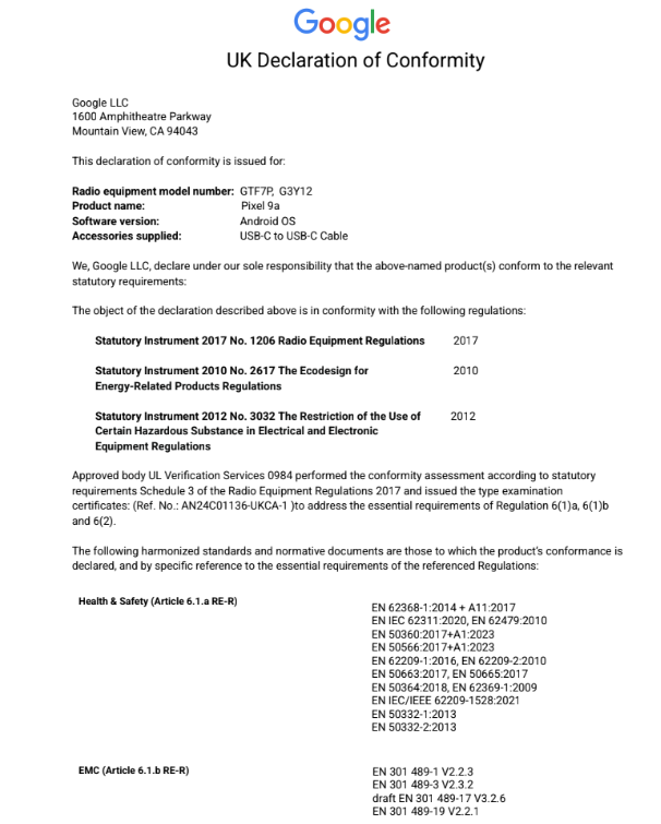 UK Declaration of Conformity page 1