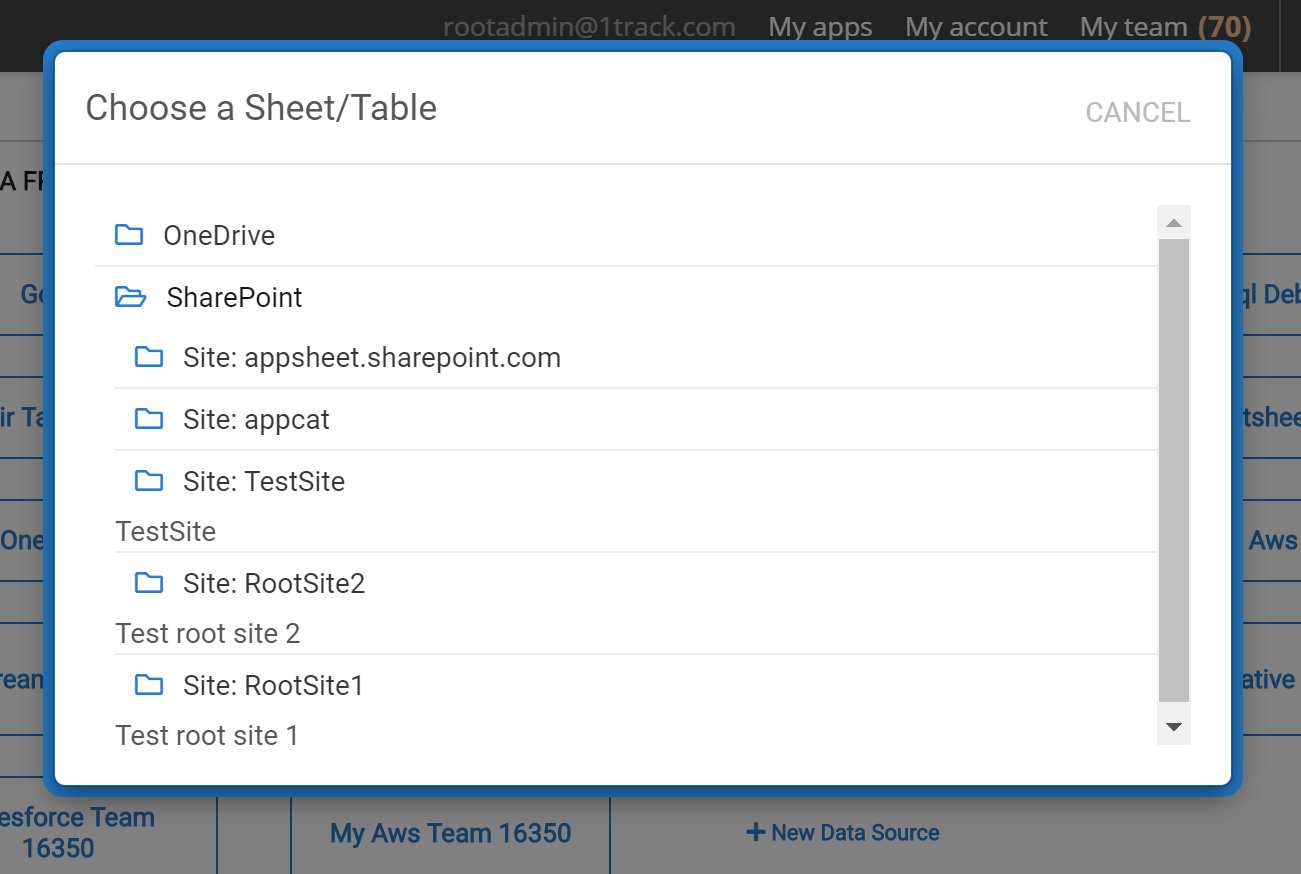 Choose a sheet or table dialog showing SharePoint