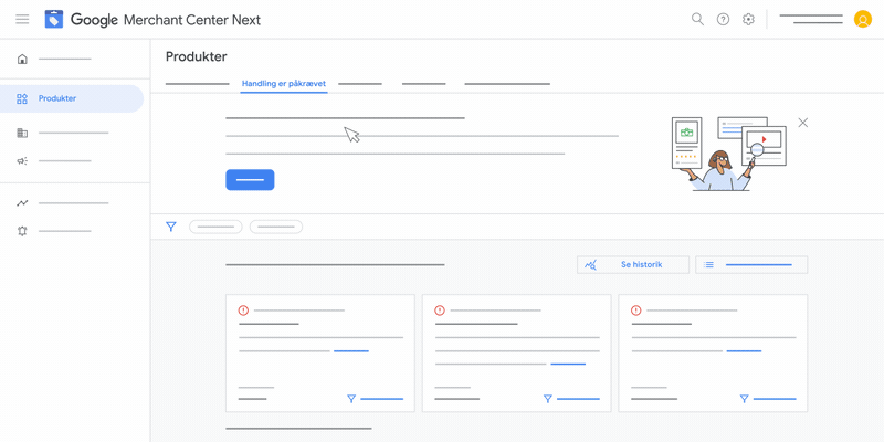 Denne animation viser dig, hvordan du får vist produktstatushistorik i den nye version af Google Merchant Center.