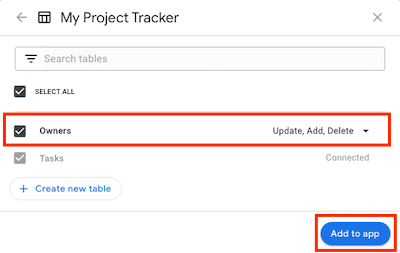 Add the Owners table to your app