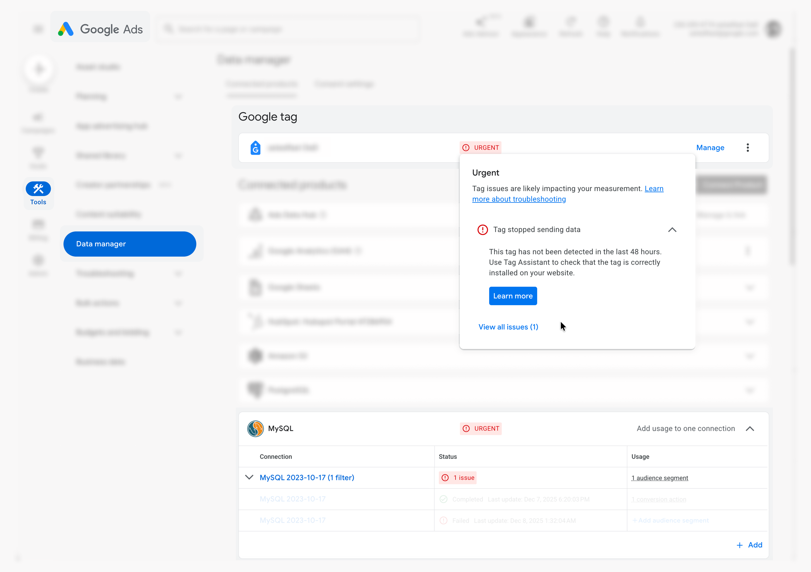 Diagnostic alerts for two data sources shown on the Data manager screen in Google Ads