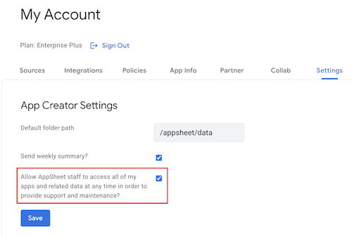 Allow AppSheet staff to access your apps and data