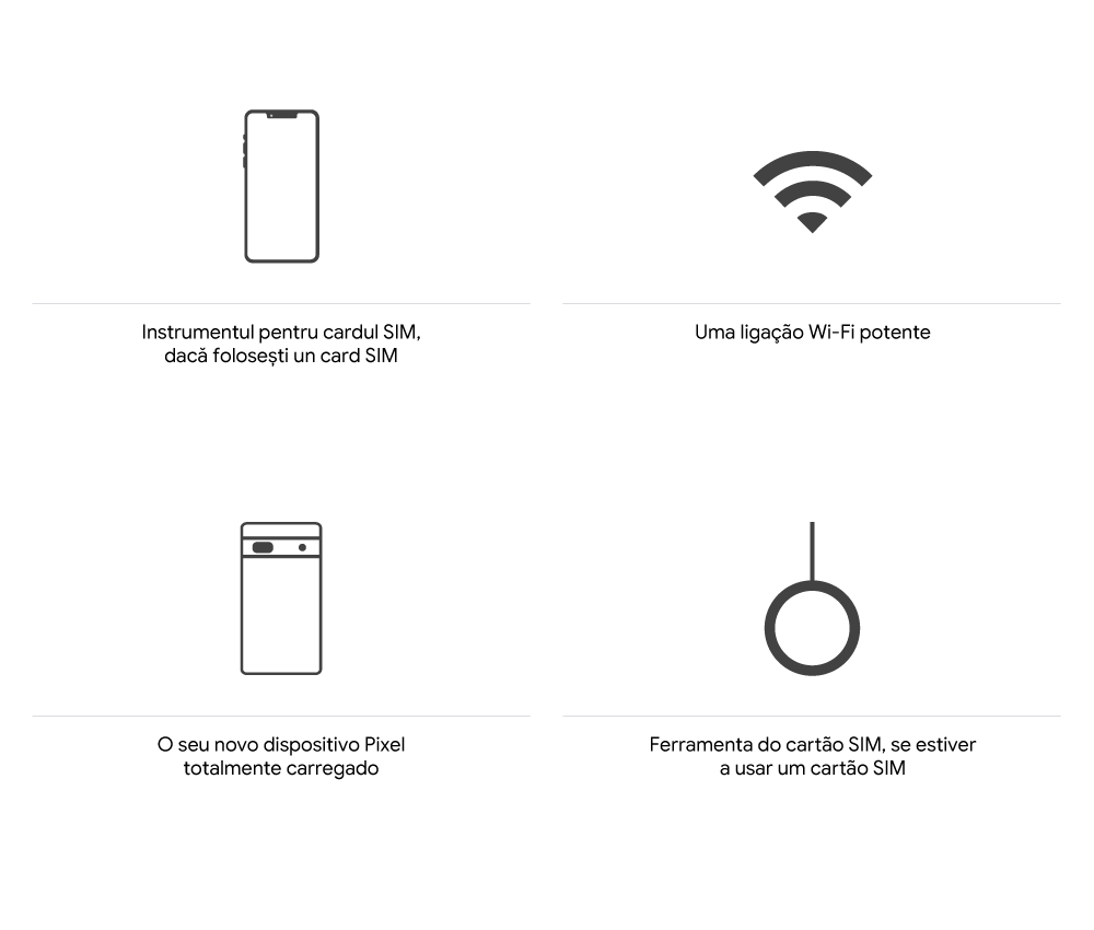O seu dispositivo atual totalmente carregado com o software mais recente e o respetivo cabo de carregamento Uma ligação Wi-Fi potente O seu novo dispositivo Pixel totalmente carregado Uma ferramenta do cartão SIM, se usar um cartão SIM