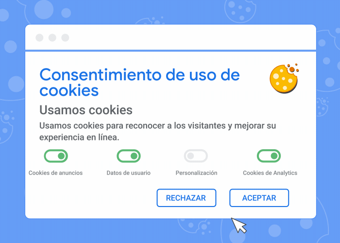 Una animación que muestra un banner de consentimiento de uso de cookies y lo que sucede si aceptas o rechazas las cookies.
