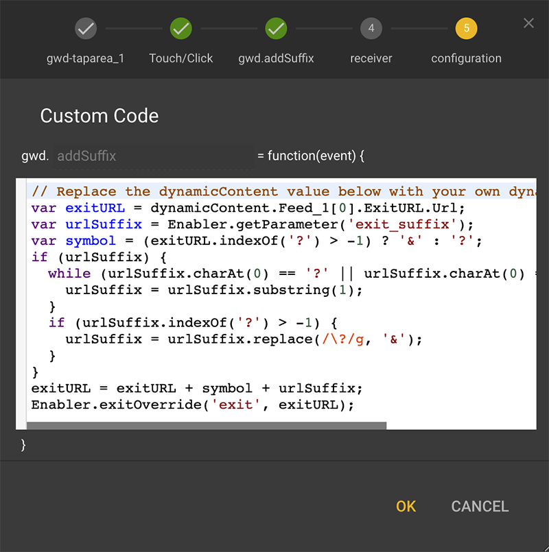 Custom code to add a dynamic exit suffix