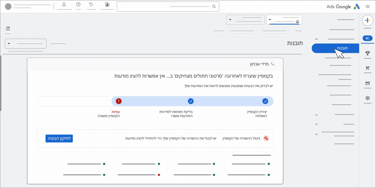 הקטע "תובנות" ב-Google Ads, שכולל את הכרטיסים הבאים: "אבחון בעיות", "תובנות לגבי קצב ניצול התקציב", "הביצועים הכוללים של הקמפיינים השונים", "תובנות לגבי מונחי חיפוש" ו"מדדי קהלים".