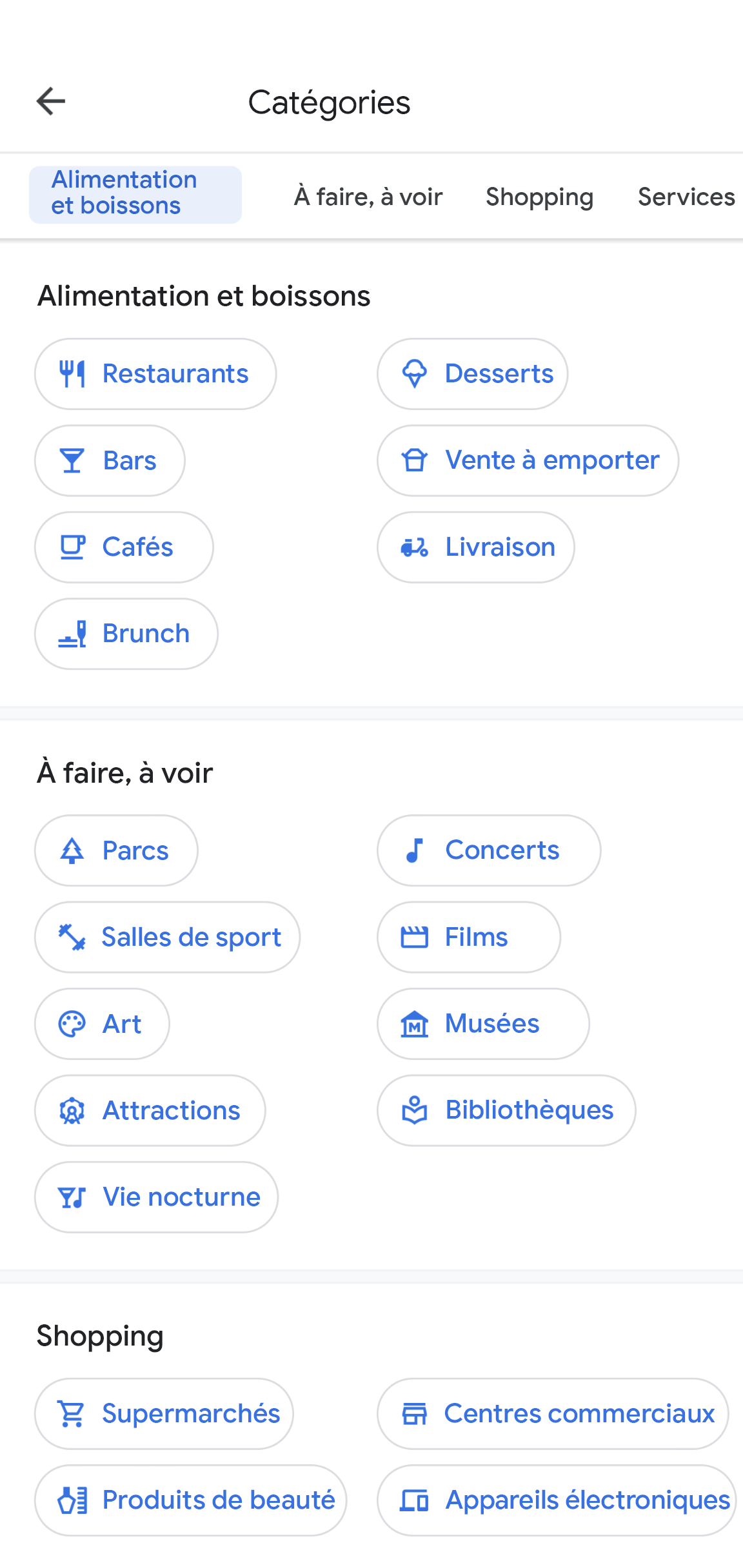 L'application Google Maps affiche une page intitulée "Autres catégories". Elle montre des catégories telles que "Alimentation et boissons", "À faire, à voir" et "Shopping", ainsi que des sous-catégories à sélectionner pour chacune d'elles. 