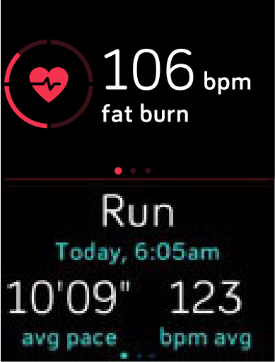 Fitbit Today screen showing the heart rate and most recent exercise