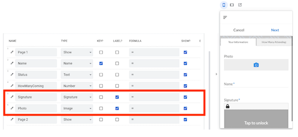 Columns pane showing Signature field of Signature type