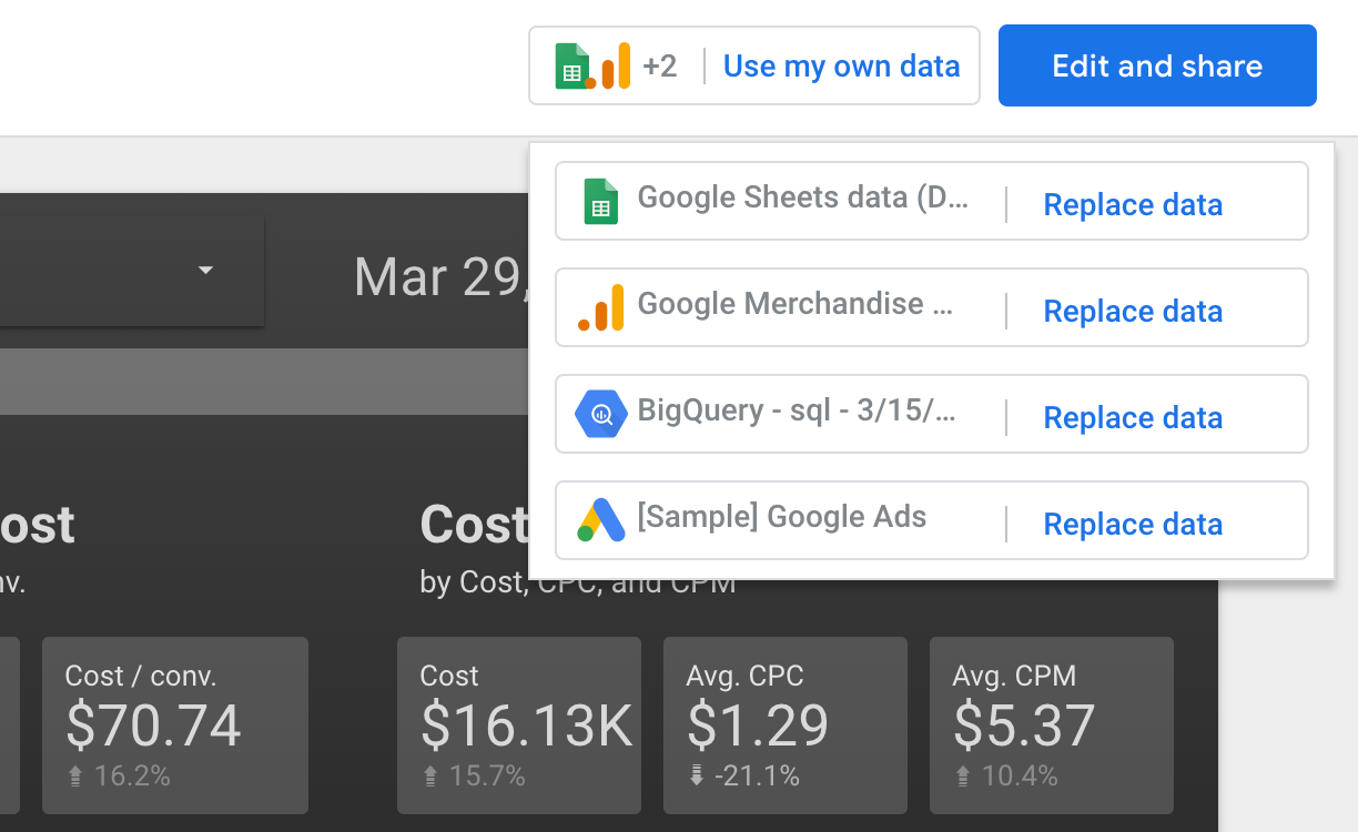 Template laporan yang menampilkan data Google Analytics default. Tombol "tambahkan data" memungkinkan Anda menambahkan data Anda sendiri. Tombol "edit dan bagikan" akan menyalin laporan dan menjadikan Anda pemilik.  