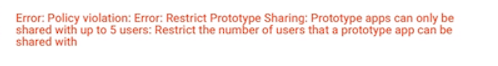 Share app dialog showing the Restrict Prototype Sharing error message