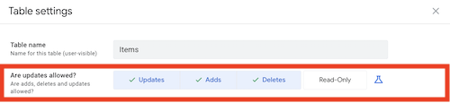 Are updates allowed? field enabling you to select Updates, Adds, Deletes, or Read-only, or click the flask icon to define an expression