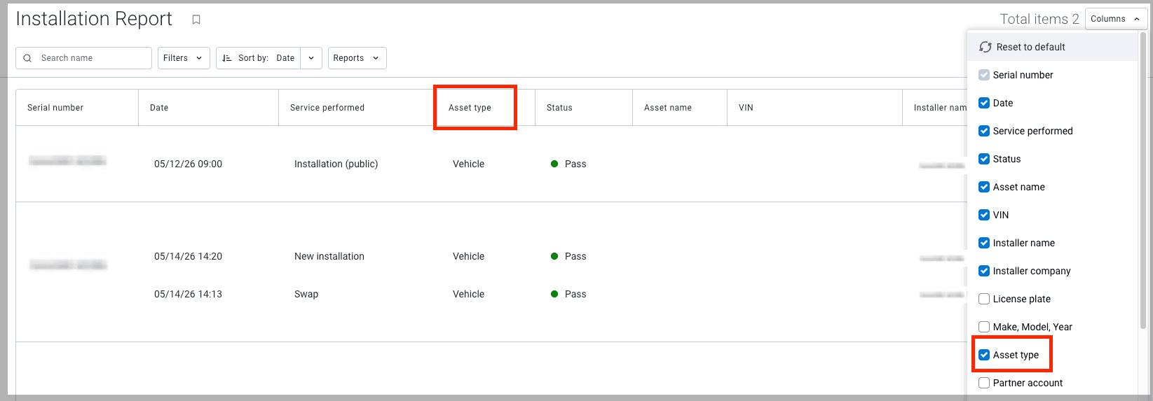 Image showing new asset type column