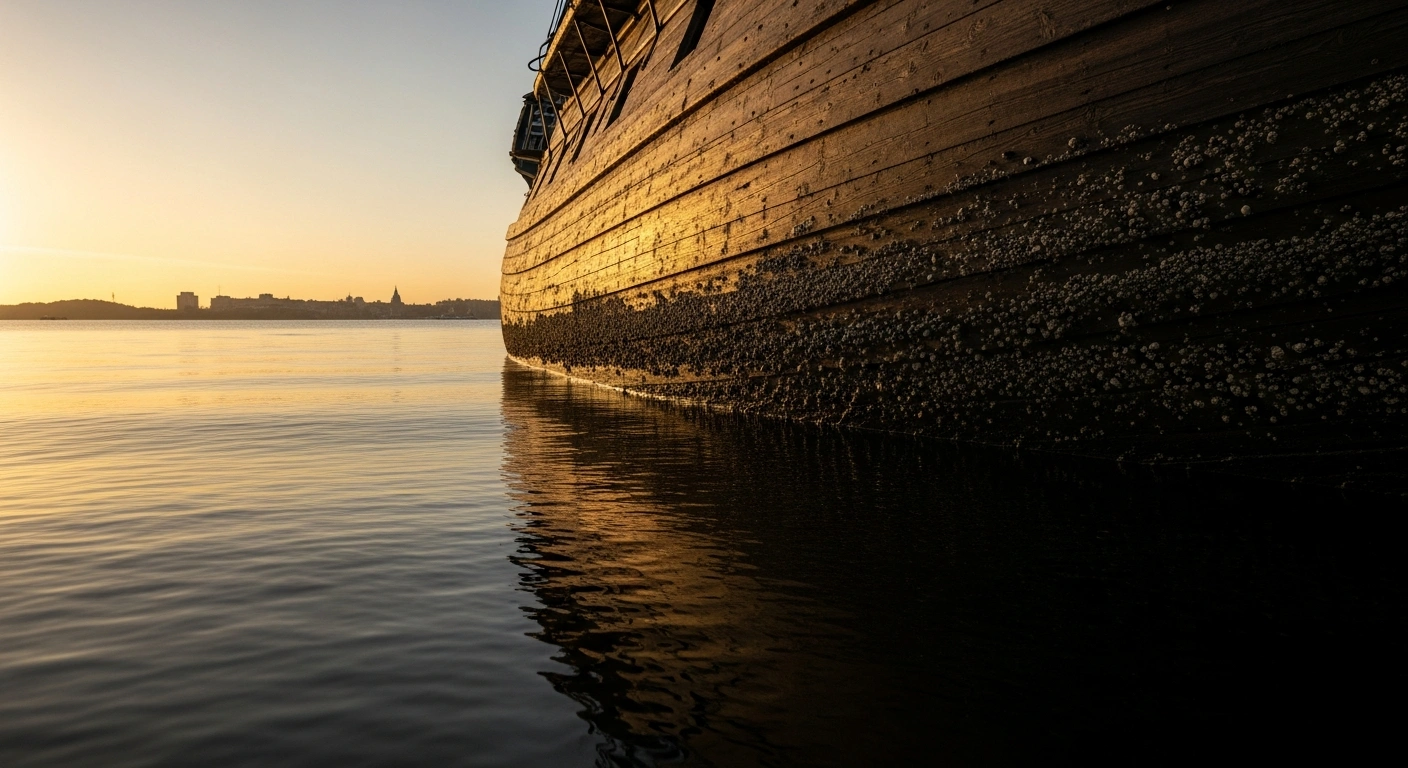 A well-preserved 17th-century Swedish Navy shipwreck, deliberately sunk around 1640, with its massive oak hull prominently visible above unusually low Baltic Sea levels off Kastellholmen in central Stockholm.