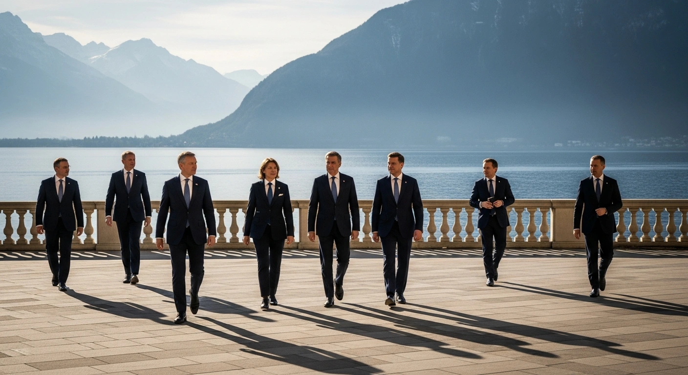 World leaders gather on a terrace overlooking Lake Geneva to discuss international diplomacy and economic stability during the 2003 G7 summit in Evian, France.