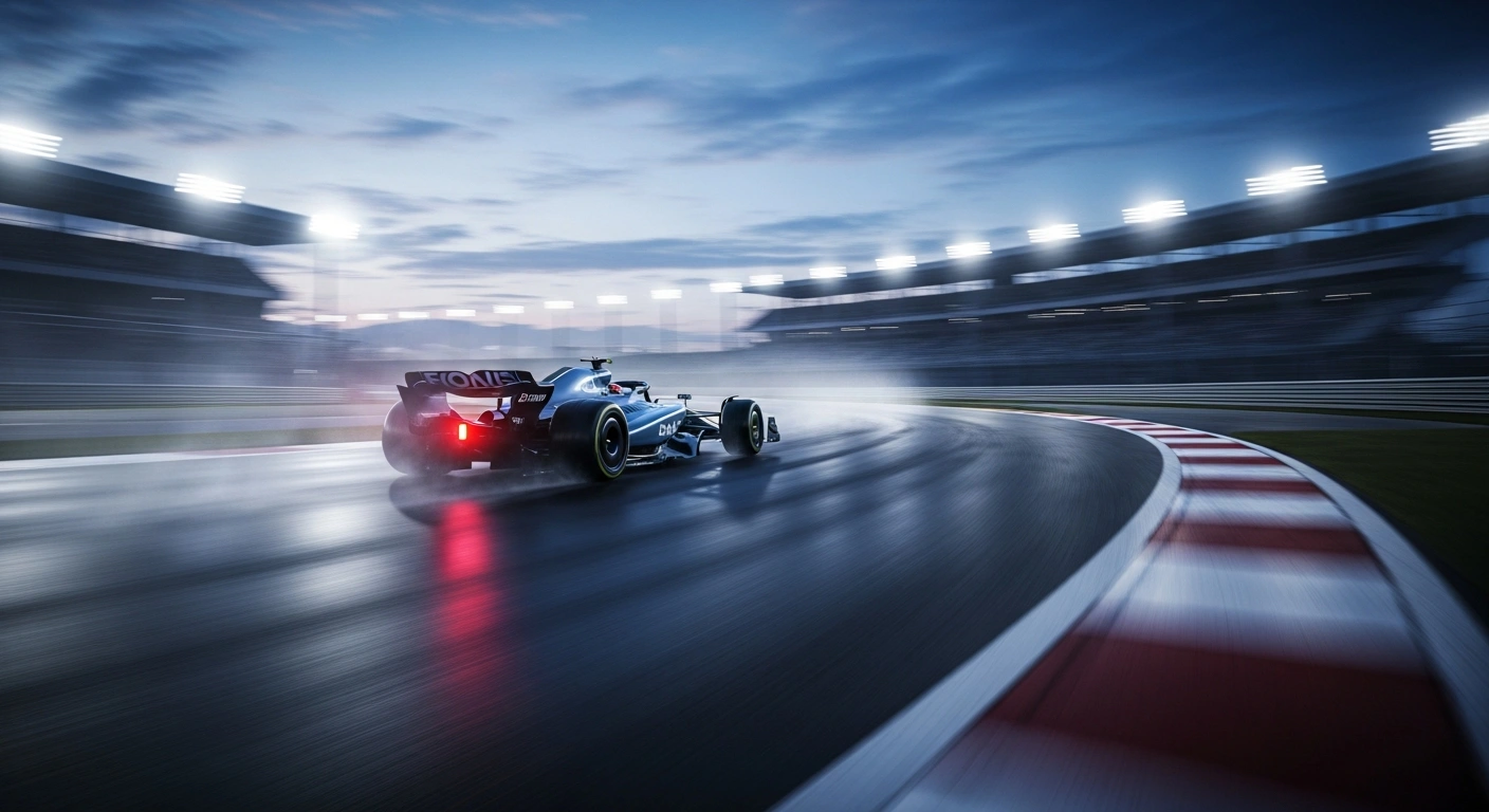 A high-performance Formula 1 race car speeds around a turn at the Shanghai International Circuit during the 2026 Chinese Grand Prix.