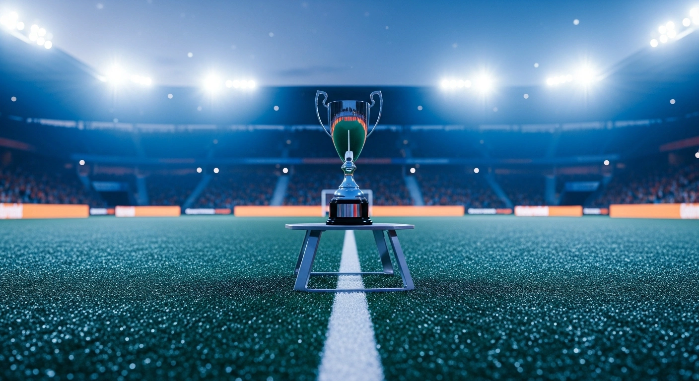 A professional field hockey trophy sits on a pedestal in a stadium, marking the official draw for the 2026 FIH Hockey World Cup.