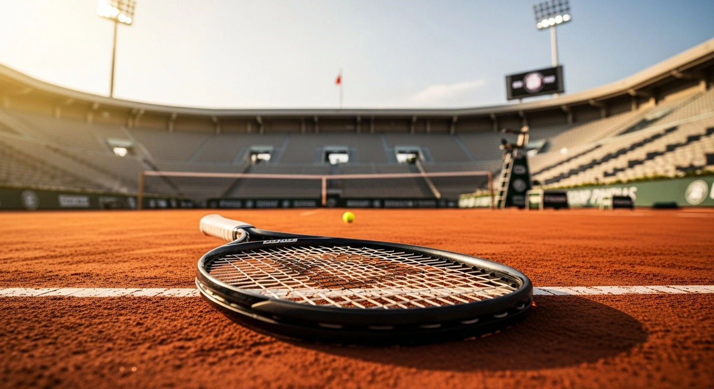 A professional tennis racket rests on the red clay court at Roland Garros as the 2026 French Open tournament approaches.