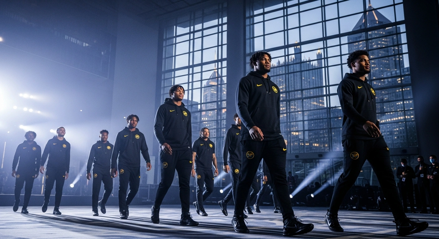 Top NFL prospects Ty Simpson and Jeremiyah Love walk toward the stage at the 2026 NFL Draft held in Pittsburgh.