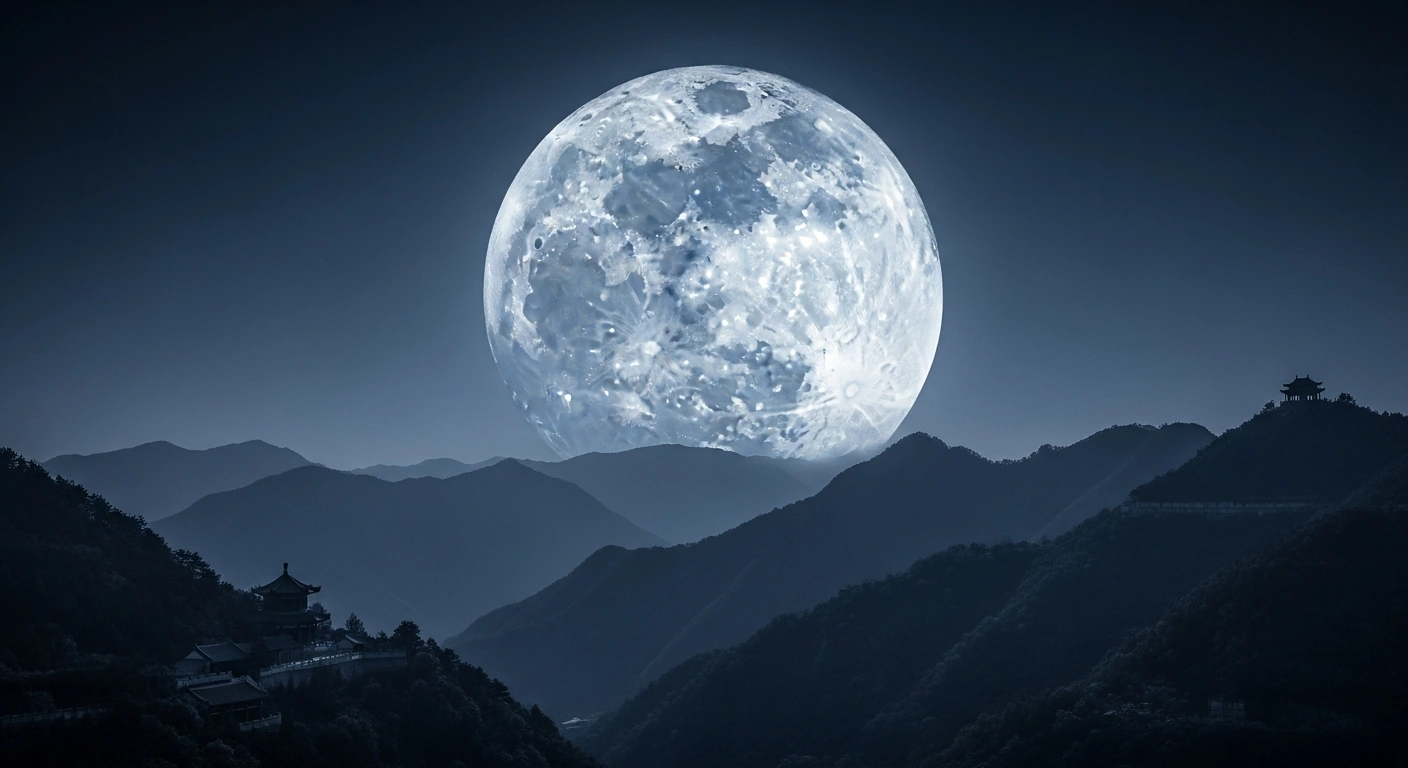 A massive, bright 'Wolf Moon' supermoon illuminates a majestic Chinese mountain range at night, appearing significantly larger due to its close proximity to Earth, as seen by skygazers in 2026.