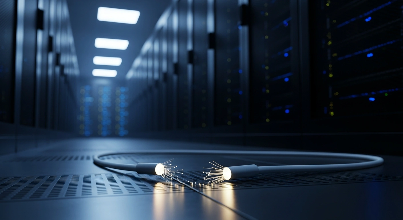 A severed fiber-optic cable lies on a server room floor, representing the 23andMe data breach and subsequent legal settlement.