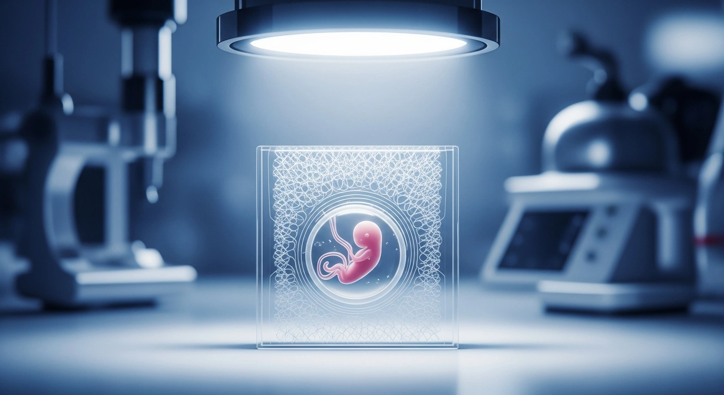 A close-up, macro photograph shows a translucent 3D microfluidic chip glowing softly, containing a minuscule, ethereal organic form representing an early human embryo, set against a blurred background of high-tech laboratory equipment, symbolizing the first successful lab replication of human embryo implantation.