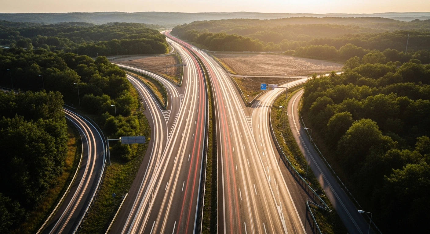 An aerial view of the A1 motorway between Zagreb and Karlovac showing heavy traffic flow during a planned infrastructure expansion project.
