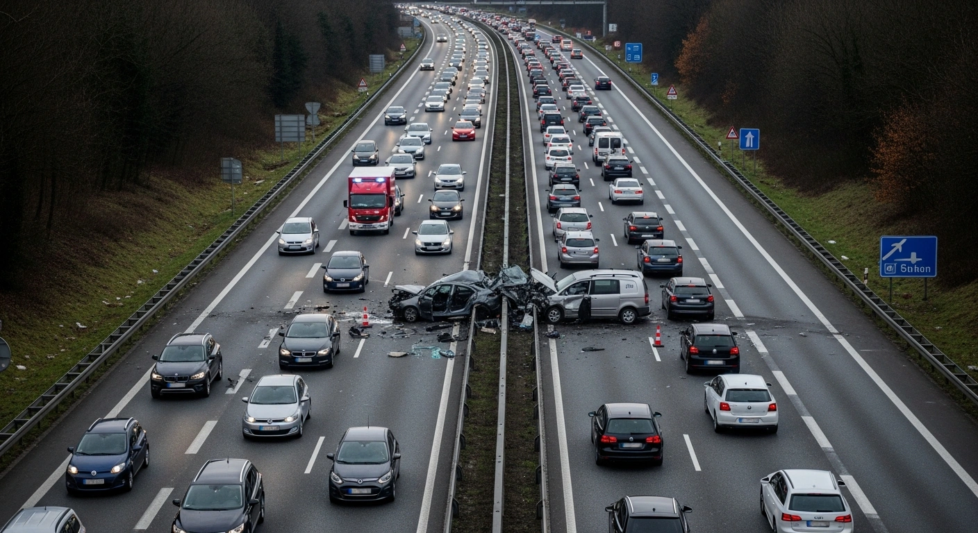 A wide aerial view of a multi-car collision on the A7 highway between Uttrichshausen and Bad Brückenau, showing four damaged vehicles, emergency lights, and an extensive eight-kilometer traffic jam stretching into the distance.