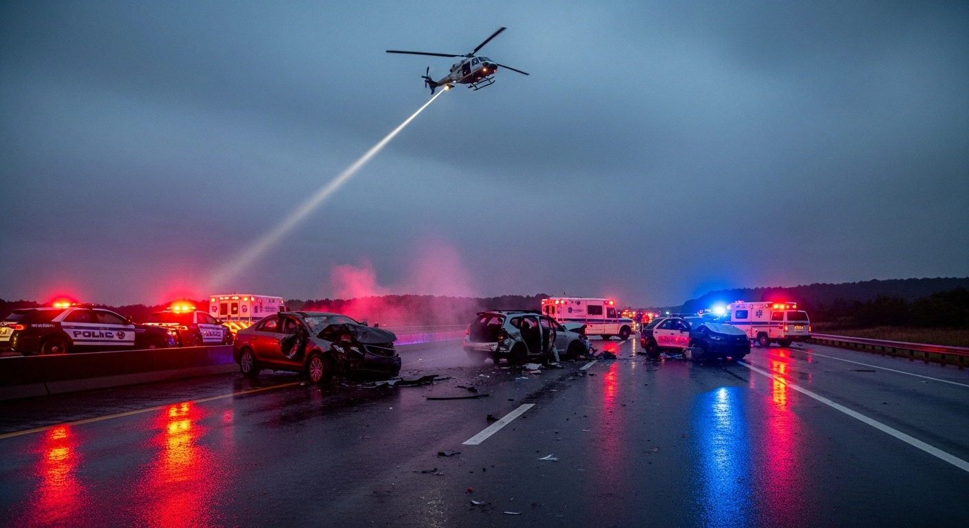 A multi-vehicle collision on a rain-slicked highway at twilight shows four crumpled cars, flashing emergency lights, and a rescue helicopter's spotlight, depicting the aftermath of an accident near Schleiz, Thuringia, involving seven injuries.