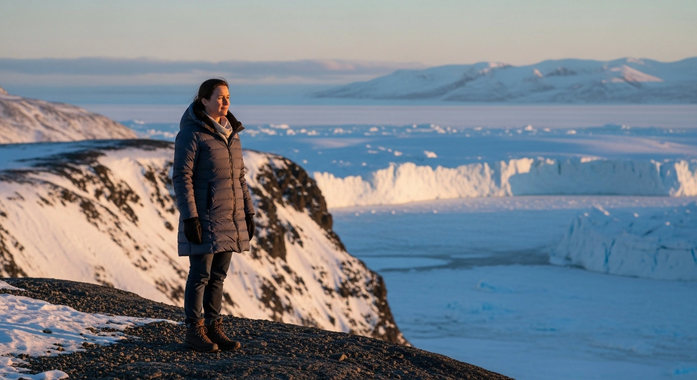 Greenlandic Member of Parliament Aaja Chemnitz stands on a snowy Arctic cliffside, representing her nomination for the Nobel Peace Prize for her work in international diplomacy.