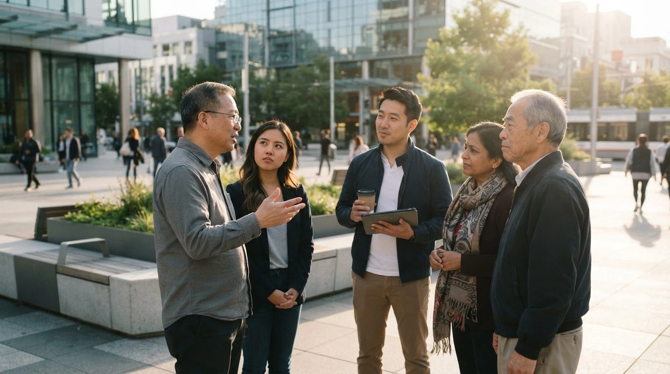 A diverse group of Asian American and Pacific Islander adults participate in a political discussion in an urban setting, reflecting on current electoral trends.